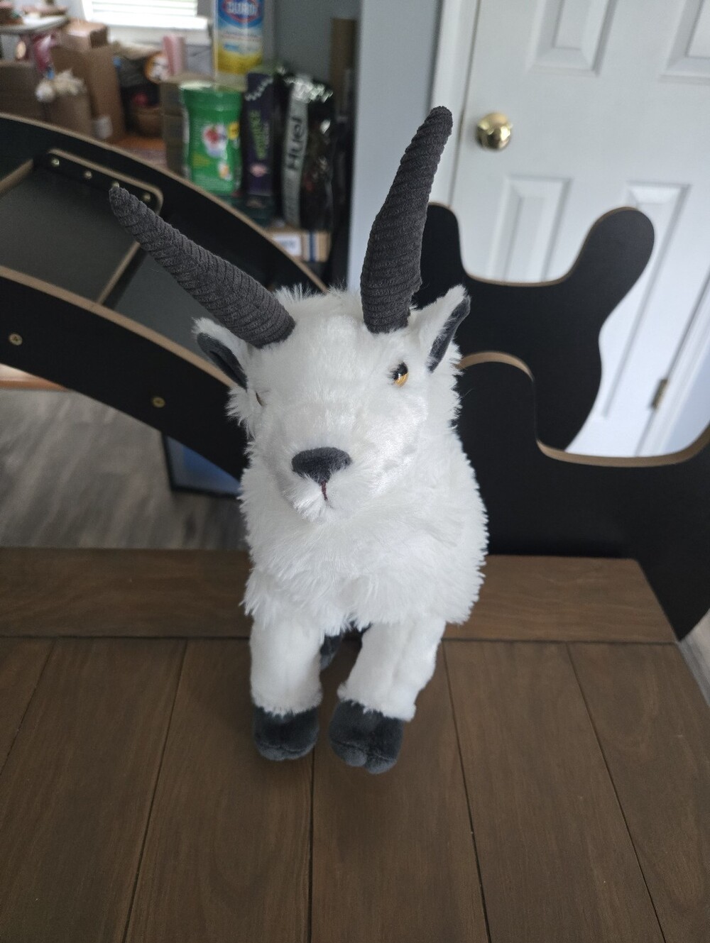 White Plush Goat with Black Horns Eco Friendly Petting Zoo Stuffed Animal